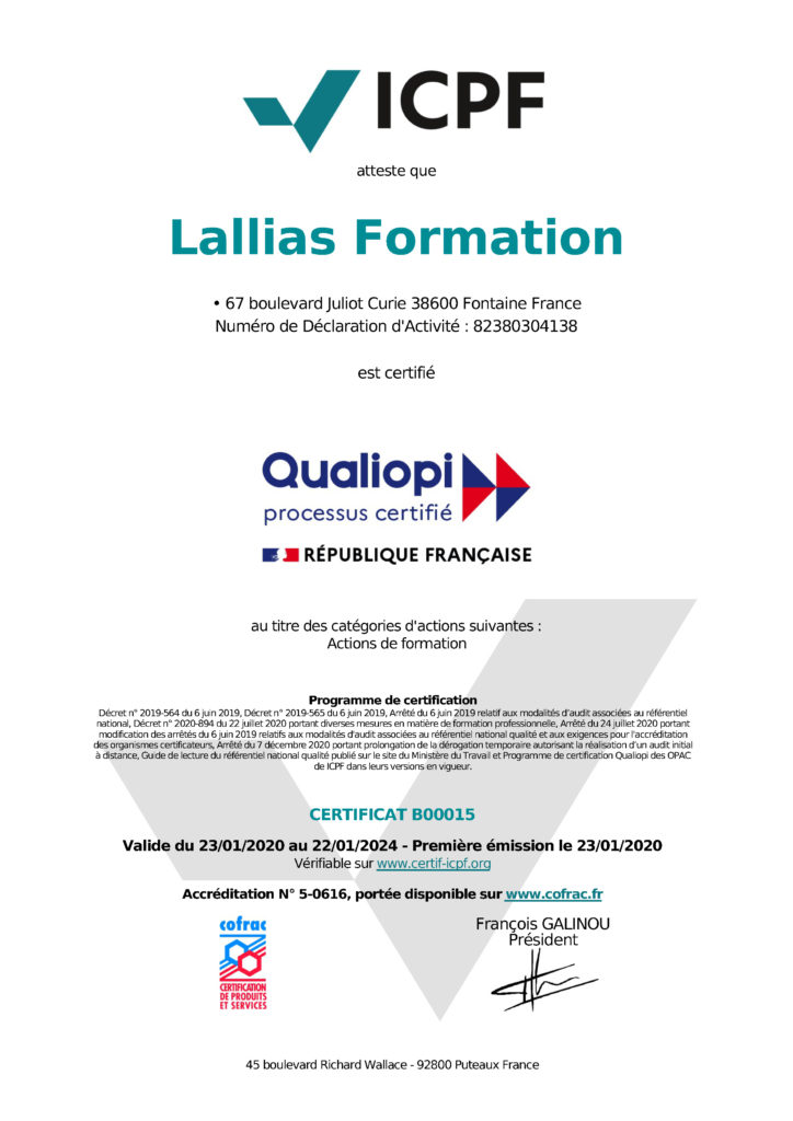 Certificat Qualiopi Grenoble formation Lallias